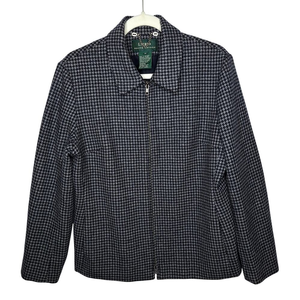 VTG Ralph Lauren Houndstooth Wool Ricky Jacket Plaid Blazer 12 Zip Collar